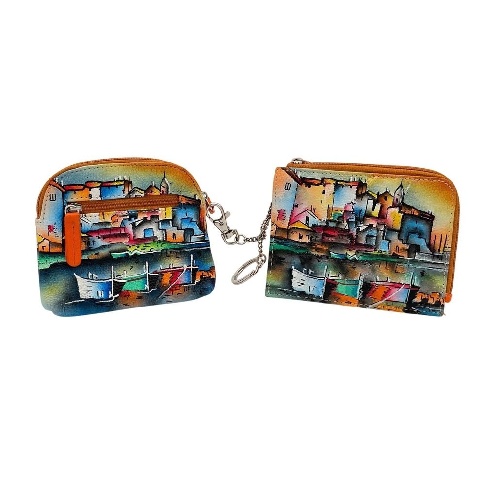 Genuine Leather Coin Purses Set of 2 Painted Village Boats Made in India